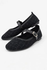 Women Black Tweed Fabric Mary Jane Flats Fashion Buckle Comfortable Shoes Photograph-5